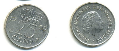 Нидерланды 25 центов 1969 Юлиана (1948-1980) KM 183 никель 83-1023