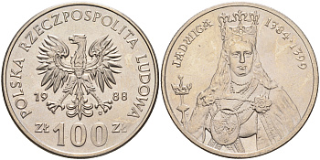 Польша 100 злотых 1988 MW, серия Польские правители, королева Ядвига (1384-1399) KM 183 медно-никель  UNC  4149-243
