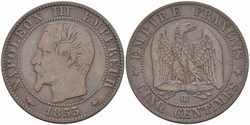 Франция 5 сантимов 1855 BB, Наполеон III (1852-1870) KM 777.3, LE FRANC 116.20 бронза 108-352