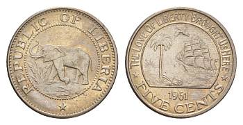 Либерия 5 центов 1961  KM 14 медно-никель  aUNC  4659-435