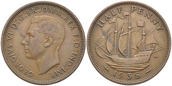 Великобритания 1/2 пенни 1938 Георг VI (1936-1952) KM 844, Spink 4115 бронза 110-413