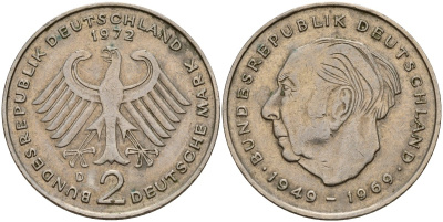 ФРГ 2 марки 1972 D, Конрад Аденауэр KM 124, J. 406 медно-никель плакированный никелем 4159-1216