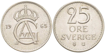 Швеция 25 эре 1965 U, Густав VI Адольф (1950-1973) KM 836 медно-никель 4516-462