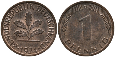 ФРГ 1 пфенниг 1974 D KM 105, J.380 сталь плакированная медью 99-326