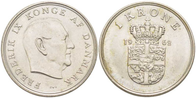 Дания 1 крона 1962 C; S, Фредерик IX (1947-1972) KM 851 медно-никель 202-757