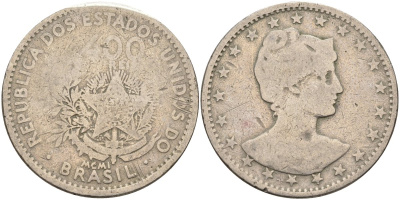 Бразилия 400 рейс 1901 голова свободы вправо KM 505 медно-никель 4367-142