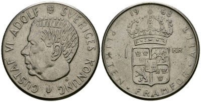 Швеция 1 крона 1968 Густав VI Адольф (1950-1973) KM 826a медь плакированная медно-никелем 4138-824