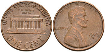 США 1 цент 1969 D, Линкольн KM 201 медь цинк 4564-455