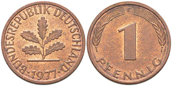 ФРГ 1 ПФЕННИГ 1977 F KM 105, J. 380 сталь плакированная медью 116-367
