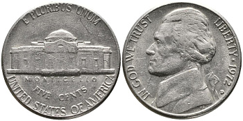 США 5 ЦЕНТОВ 1972 D, ДЖЕФФЕРСОН KM А192 медно-никель 3336-646