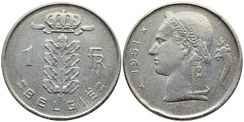 БЕЛЬГИЯ 1 ФРАНК 1951 BELGIE KM 143.1 медно-никель 4390-333