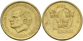 Швеция 10 крон 1992 D, Карл XVI Густав (1973- ) KM 877 медь алюминий цинк 4592-153
