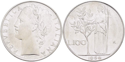 ИТАЛИЯ 100 ЛИР 1968 R, АФИНА, ДИАМЕТР 28 ММ. KM 96.1 нержавеющая сталь 4512-1015