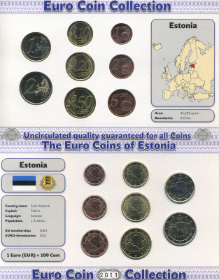 Эстония евронабор из 8 монет 2011 1, 2, 5, 10, 20, 50 евроцентов, 1 и 2 евро, в картонном буклете биметалл UNC 00-00