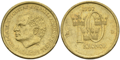Швеция 10 крон 1992 D, Карл XVI Густав (1973- ) KM 877 медь алюминий цинк 4592-153