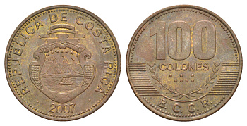Коста-Рика 100 колонов 2007 KM 240a сталь плакированная латунью 4631-954