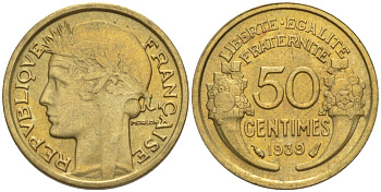 ФРАНЦИЯ 50 САНТИМОВ 1939 ТИП MORLON KM 894.1, LE FRANC 192.15 алюминиевая бронза 44-813
