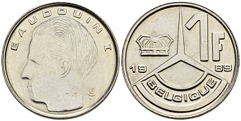 БЕЛЬГИЯ 1 ФРАНК 1989 BELGIQUE KM 170 сталь плакированная никелем 4528-1036