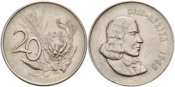 ЮАР 20 центов 1965 Suid-Afrika, Ян Ван Рибек KM 69.2 никель 4141-213