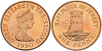 Джерси 1 пенни 1990 башня Святого Клемена KM 54 бронза UNC 4582-215