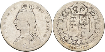 Великобритания 1/2 кроны 1889 Виктория (1837-1901) KM 764, Spink 3924 серебро 4367-124