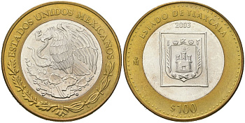 Мексика 100 песо 2003 180 лет Федерации - Тласкала KM 691 биметалл, серебро BU 00-1067-10-61