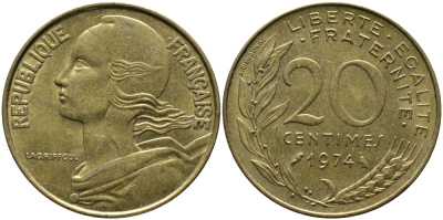 ФРАНЦИЯ 20 САНТИМОВ 1974 ТИП MARIANNE KM 930, LE FRANC 156.14 алюминиевая бронза 98-335