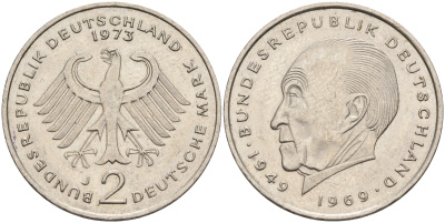 ФРГ 2 марки 1973 J, Конрад Аденауэр J.406  KM 124 медно-никель плакированный никелем    92-826