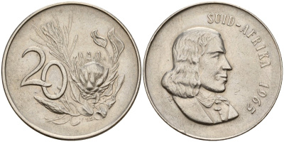 ЮАР 20 центов 1965 Suid-Afrika, Ян Ван Рибек KM 69.2 никель 4141-213