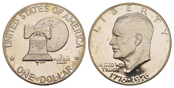 США 1 доллар 1976 S, Президент Эйзенхауэр, 200 лет независимости США, Тип 2 — Тонкие буквы KM 206 медь плакированная медно-никлем PROOF 413-2131