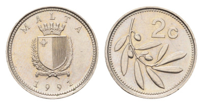Мальта 2 цента 1991 оливковая ветвь KM 94 медно-никель UNC 4655-155