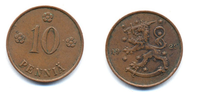 Финляндия 10 пенни 1929 республика (1918-1962) KM 24 медь 51-5315