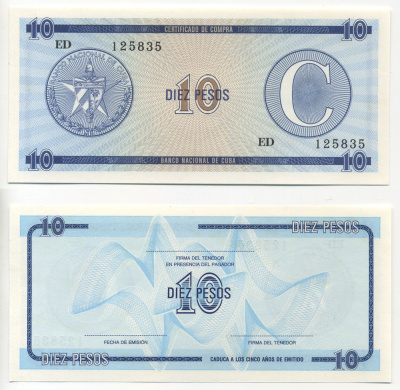 Куба, валютный сертификат 10 песо ND серия C, второй выпуск, голубая Pick FX 22 бумага UNC (пресс) 7485-24-2