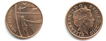 Великобритания 1 пенни 2010 Елизавета II (1952-2022) KM 1107, Spink B6 сталь плакированная медью 177-1225