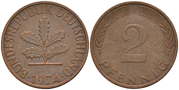 ФРГ 2 пфеннига 1974 J J.381a, KM 106a сталь плакированная медью    4598-823
