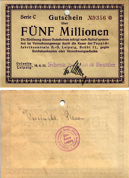 ЛЕЙПЦИГ 2000000 МАРОК 1923 НОТГЕЛЬД, 18 АВГУСТА 1923, СЕРИЯ С, НАДПЕЧАТКА SCHENK, SCHMIDT & BEUTTLER бумага 8608-15-2-2