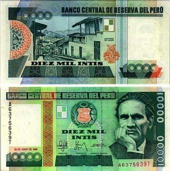 ПЕРУ 10000 ИНТИ 1988 IPS-ROMA, 28 ИЮНЯ 1988, СЕСАР ВАЛЬЕХО ПЕРУАНСКИЙ ПОЭТ Pick 140 бумага UNC (ПРЕСС) 7219-35-3