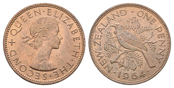 Новая Зеландия 1 пенни 1964 Елизавета II (1952-2022), новозеландский туи KM 24.2 бронза aUNC 4587-1132