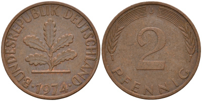ФРГ 2 пфеннига 1974 J J.381a, KM 106a сталь плакированная медью    4598-823