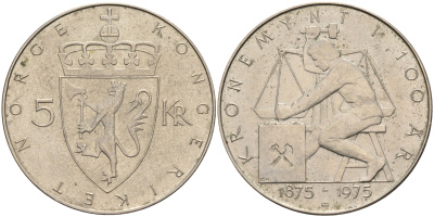 Норвегия 5 крон 1975 100 лет Норвежской кроне KM 421 медно-никель    4117-433