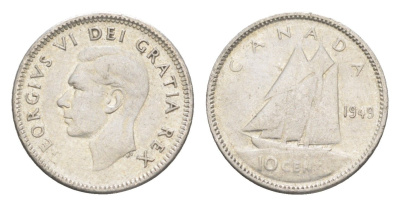 Канада 10 центов 1949 Георг VI (1936-1952), парусник KM 43 серебро 4651-343