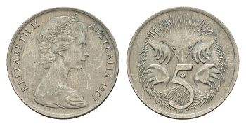 Австралия 5 центов 1967 Елизавета II (1952-2022) молодой портрет, ехидна KM 64 медно-никель 4655-1256