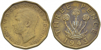 Великобритания 3 пенса 1943 Георг VI (1936-1952) KM 849, Spink 4112 никель латунь 77-157