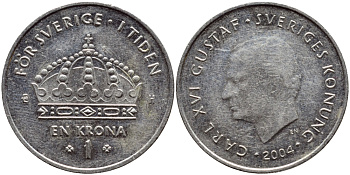 Швеция 1 крона 2004 Карл XVI Густав (1973- ) KM 894 медно-никель 259-956