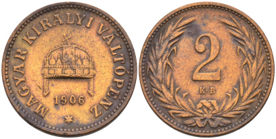 Венгрия 2 филлера 1906 КВ, Франц Иосиф I (1848-1916) KM 481 бронза 192-1018