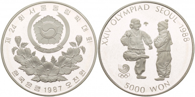 Южная Корея 5000 вон 1987 XXIV Летние Олимпийские игры в Сеуле 1988 года, национальный спорт Chegi Kicking KM 61 серебро PROOF 02-117-26