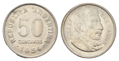 Аргентина 50 сентаво 1954 генерал Хосе де Сан Мартин KM 49 сталь плакированная никелем 4663-616