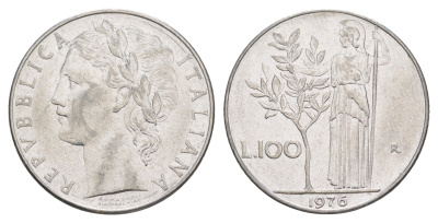 Италия 100 лир 1976 R, Афина у оливкого дерева KM 96.1 нержавеющая сталь 4529-323