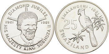 Свазиленд 25 емалангени 1981 брильянтовый юбилей короля, птичка на ветке KM 34 серебро UNC 00-00