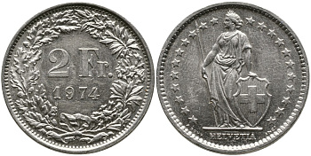 ШВЕЙЦАРИЯ 2 ФРАНКА 1974 KM 21а.1 медно-никель 4538-153